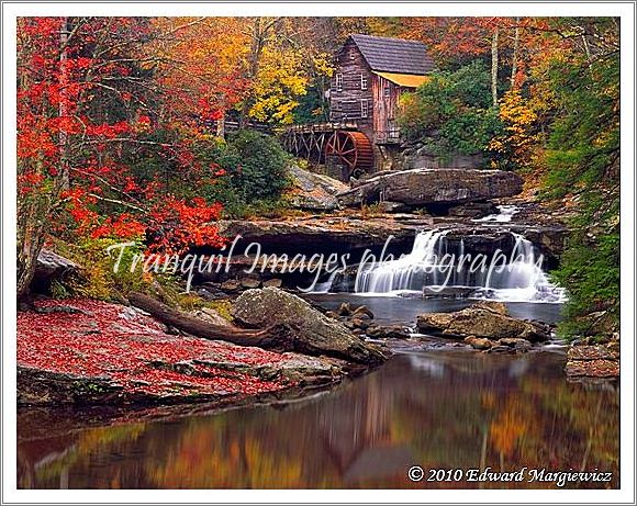 450675   Glade Creek Mill with reflections, a horrizontal view